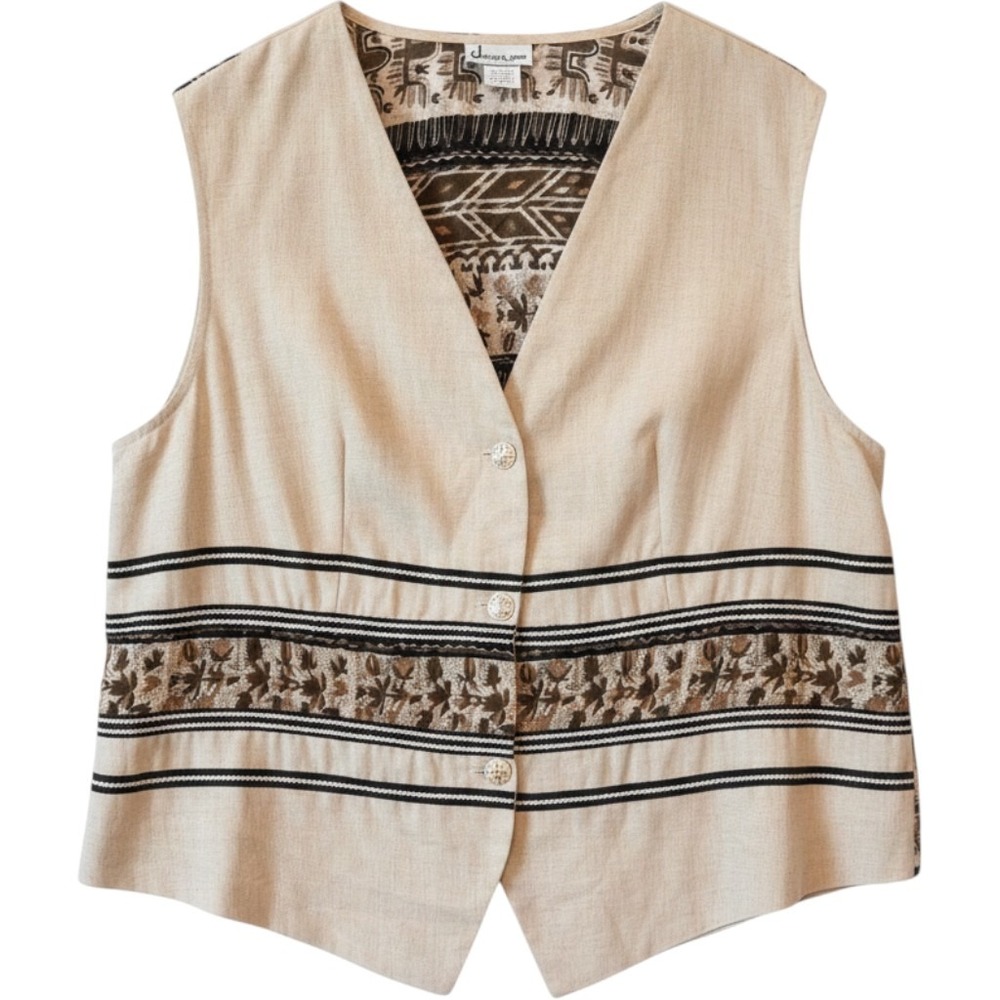 JUSTIN B. JONES | Vest Women 3X Beige Boho Tribal Linen Blend Embroidered Vtg